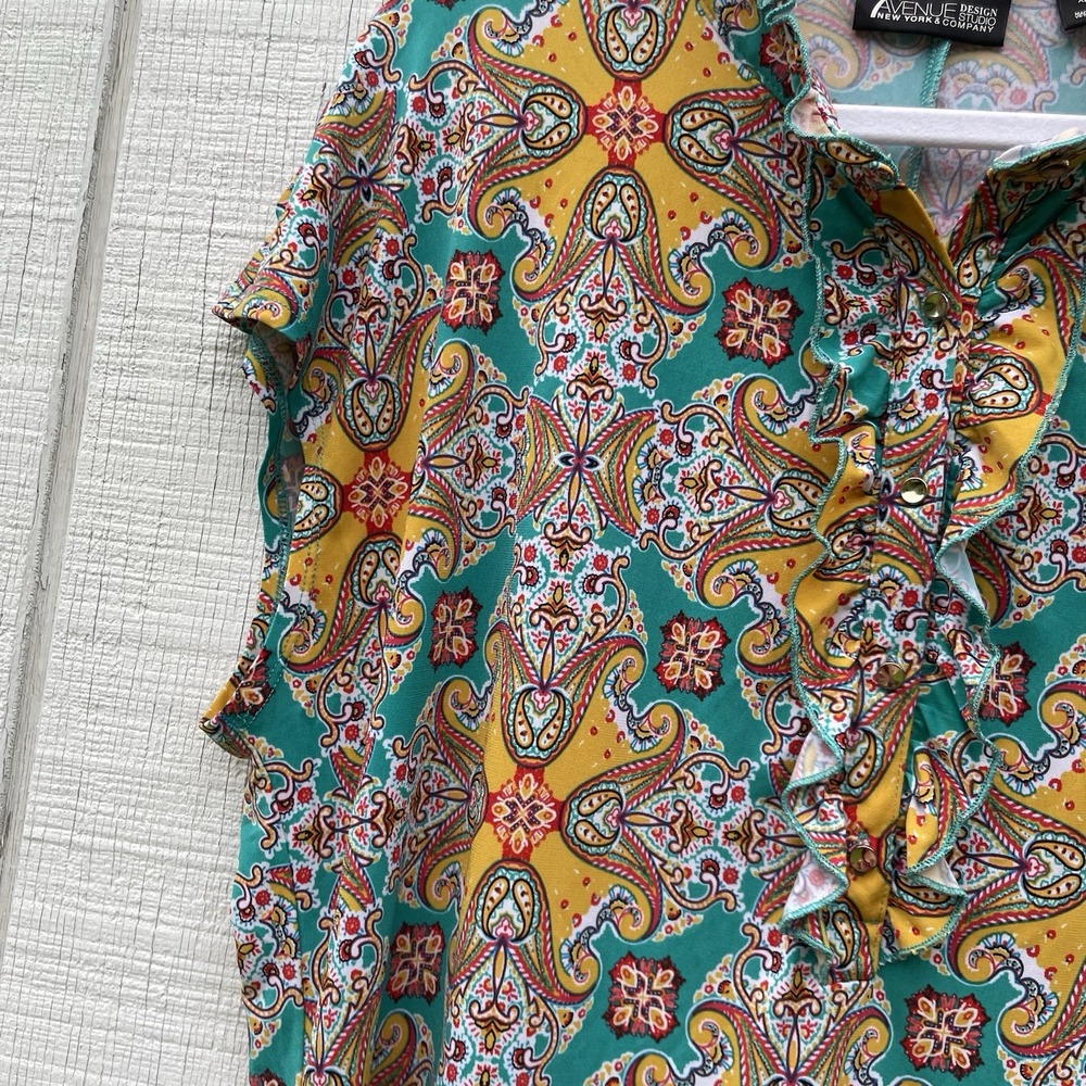 7th Avenue Yellow Teal Shortsleeved Blouse Top Shirt Summer Dressy XL